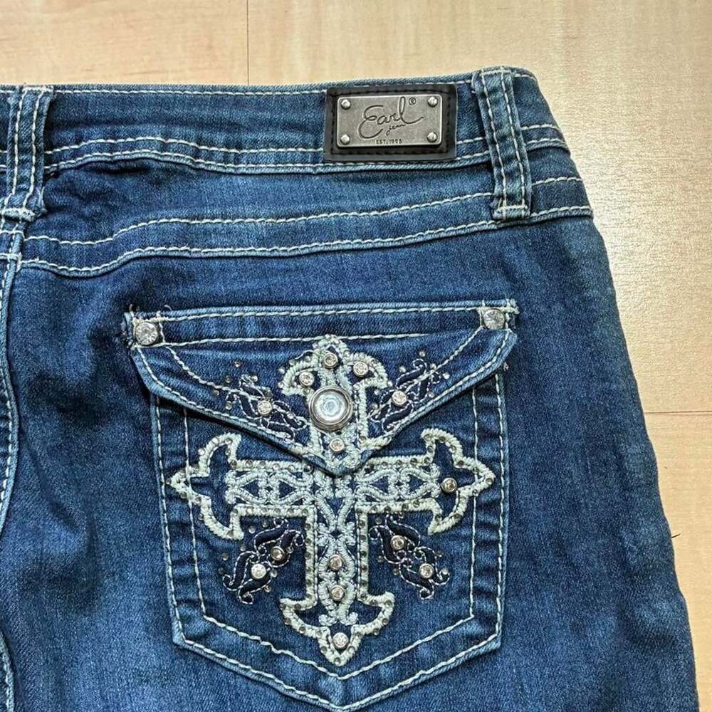Earl Jean Embellished Cross Rhinestone Bootcut Jeans
